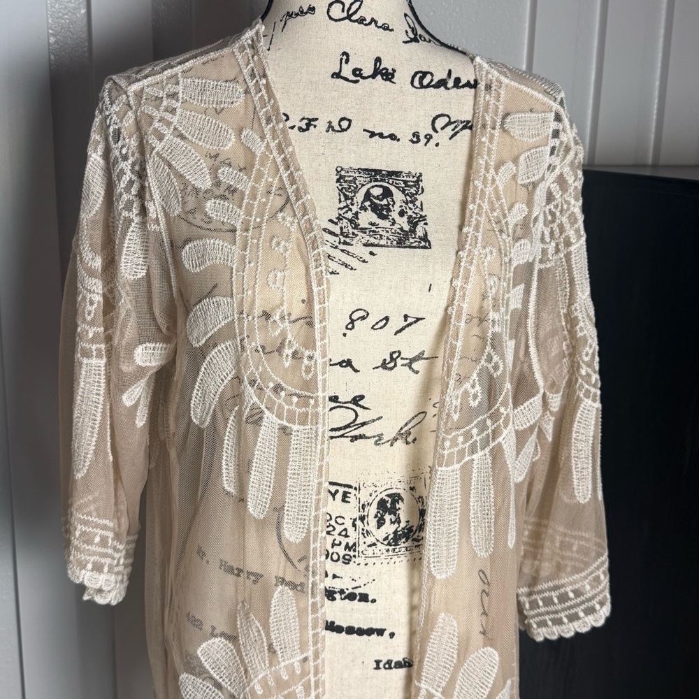 Boho Lace Duster Kimono Rebellious One Ivory Sheer Festival Medium - Picture 3 of 9